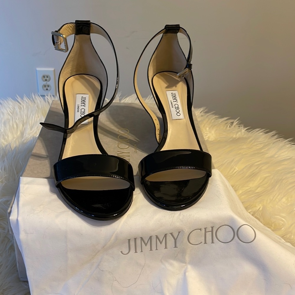 Jimmy Choo black patent Edina sandals. Worn once. Size EU42/US11.
